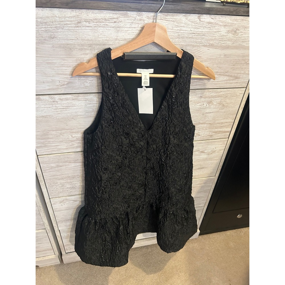 HM Black Jacquard Weave Bubble Hem V-Neck Sleeveless Dress Small NWT - Picture 3 of 6